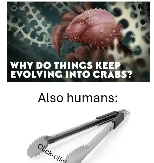 One does not simply resist clicking the tongs. Embrace carcinization.